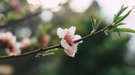 Flower blooms on a branch in the garden during spring season in the morning lightの素材