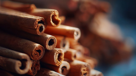 Stacks of cinnamon sticks ready for spice use in cooking and baking recipesの素材