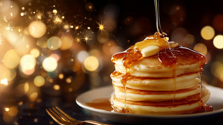 Stack of pancakes with maple syrup on a plate during a cozy brunch settingの素材