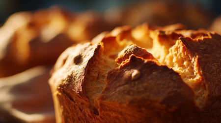 Warm bread sits on a table as sunlight shines on baked goodsの素材