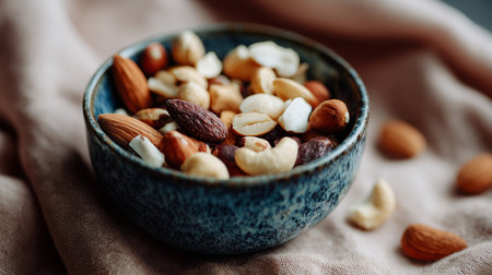 Mixed nuts in a blue bowl on a cloth background with a cozy setting in a kitchenの素材