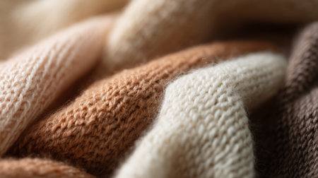 Warm knitted fabric in soft colors displayed close up on a surfaceの素材