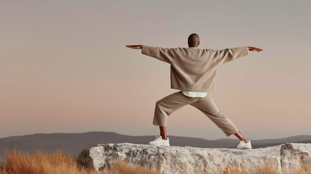 Person practices yoga poses on a rock at sunset in a natural landscapeの素材