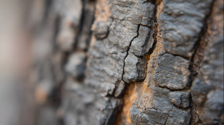 Close view of tree bark showing cracks and texture with charred areas from a fireの素材