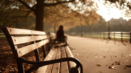 Walking path near benches in park during golden hour with person sittingの素材
