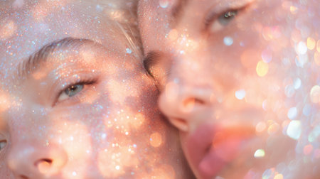 Two faces close together with sparkles in a bright setting during daytimeの素材
