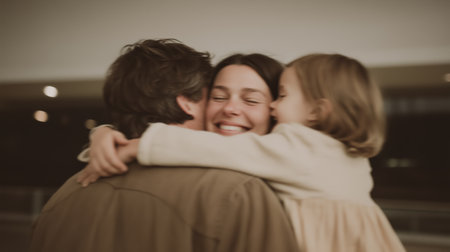 Family reunion in an indoor space during the day with smiles and warmthの素材