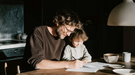 Father and child share a moment while drawing at a wooden table in a warm roomの素材