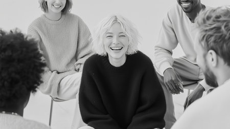 Group of friends sharing laughter during a casual gathering in a bright roomの素材