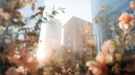 City buildings seen through flowers with sunlight in the background during daytimeの素材