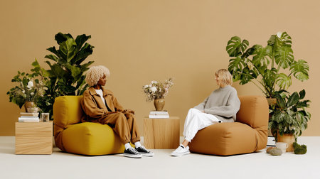 Two people sitting on bean bag chairs in a room with plants and neutral wall colorの素材