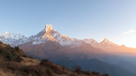 Majestic mountains under bright sky in the early morning light in Nepalの素材