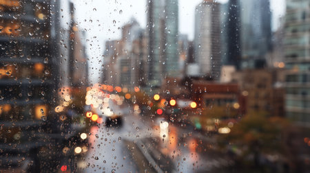 Rain falls on city streets with tall buildings and blurred lights in the backgroundの素材