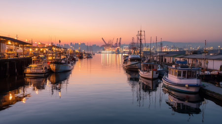 Boats and lights at the dock during sunset near the city skylineの素材