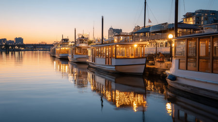 Boats lined up at a dock during sunset near a city skyline by a riverの素材