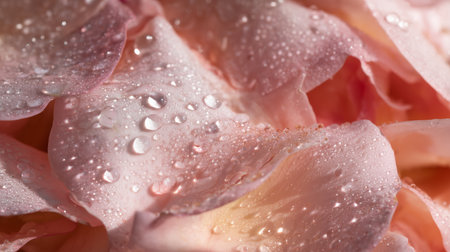 Water droplets on pink flower petals in morning light, close-up view of natureの素材