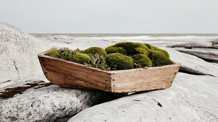 Moss arrangement sits on rocks by the sea during cloudy weather in an outdoor settingの素材