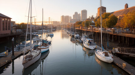 Boats docked in a calm harbor with buildings and trees in the background at sunriseの素材