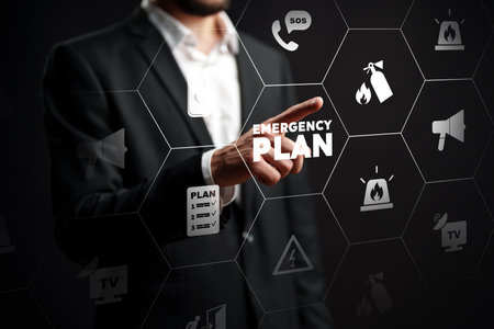 Businessperson interacts with emergency plan icons in a digital setting at a workplaceの写真素材