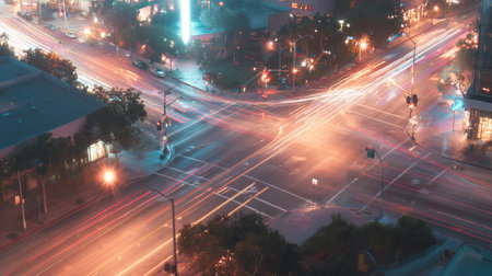 City street at night with moving cars and light trails from trafficの素材