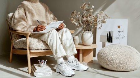 Person sits in chair and writes in notebook while surrounded by plants and decorationsの素材