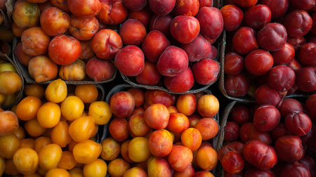 Colorful fruits arranged in baskets at a market during the daytimeの素材