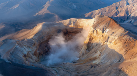 View of a volcano crater with steam rising at sunset in the mountainsの素材