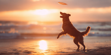 Dog plays with frisbee at beach during sunset near ocean wavesの素材