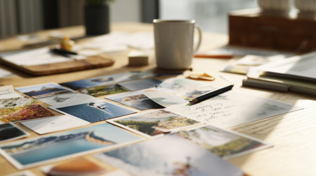 Moments captured in travel pictures and notes on a table with a cup of coffeeの素材