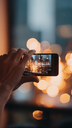 Holding a smartphone to capture lights and buildings at night in the cityの素材