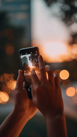 Person holds a smartphone to capture sunset scene in a city settingの素材