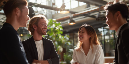 People having conversation in a bright indoor setting during daytime in a casual gatheringの素材