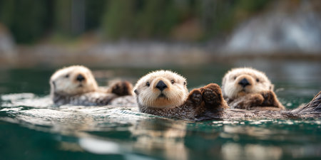 Sea otters float on their backs in calm water during a sunny dayの素材