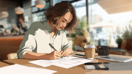Young woman sketches in a cafe during daytime with a coffee cup nearbyの素材