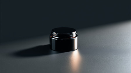 Small black container on light surface with shadow in dim lightingの素材