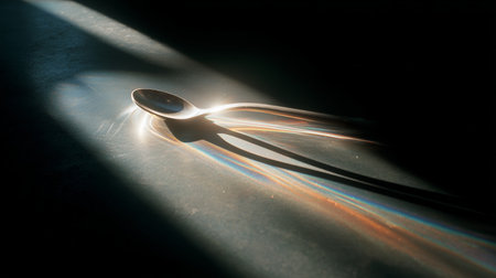 Spoon resting on a surface with light creating lines and shadows in the backgroundの素材