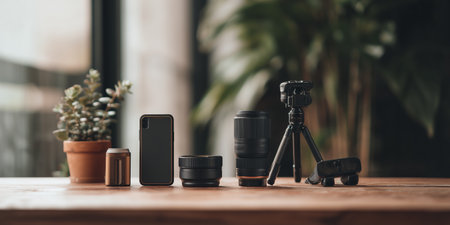 Setup of camera gear on a wooden table in a sunny room with plantsの素材