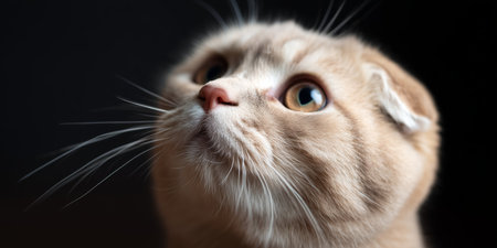 Cat with light fur looks upward in a dark room during daylightの素材