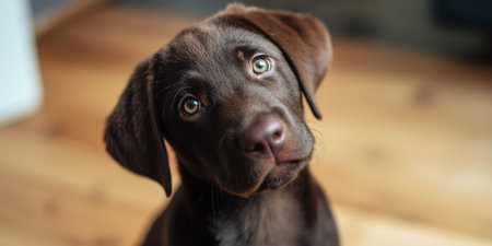 Cute brown puppy looks at the camera with curious eyes in a simple indoor settingの素材