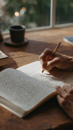 Person writes notes in a notebook at a wooden table near a window in the afternoonの素材