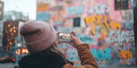 Person takes a picture of colorful graffiti on a city street during the evening lightの素材