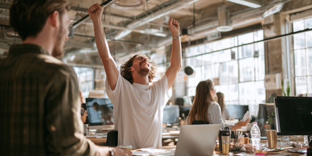 Team celebrates success in a busy office after completing a projectの素材