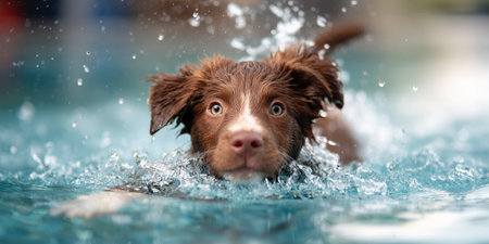 Dog swims in pool splashing water during sunny dayの素材