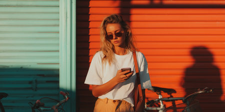 Woman using smartphone near colorful wall during sunset in urban areaの素材