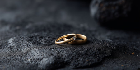 Wedding rings on a dark stone surface during a wedding ceremony in the evening lightの素材