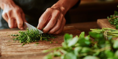 Hands chop fresh herbs on a wooden cutting board in a kitchen preparing foodの素材
