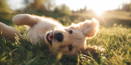 Puppy rolls on grass during sunset in a park with warm light shiningの素材