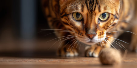 Cat stalks a small object on the floor in a cozy indoor setting during the dayの素材