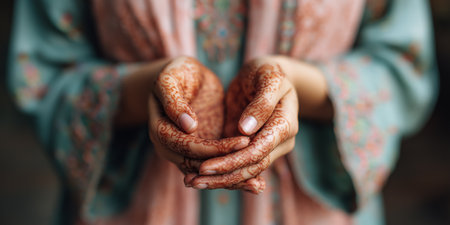 Hands with henna design in a cultural setting during a festive occasionの素材