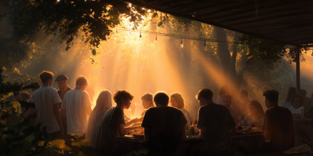 Group of friends sharing a meal in a forest during sunset with light rays filtering through treesの素材